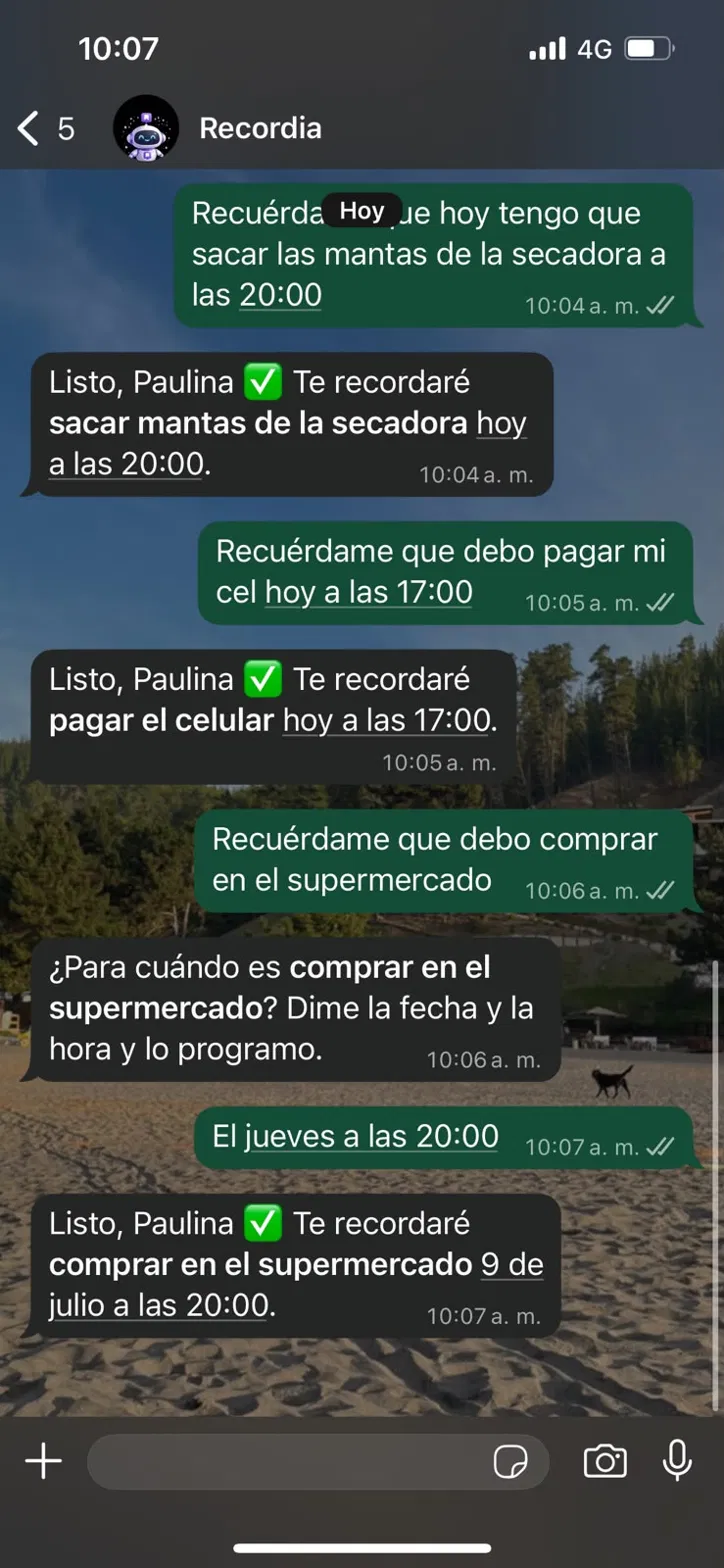 Conversación real con Recordia en WhatsApp: creando recordatorios en lenguaje natural